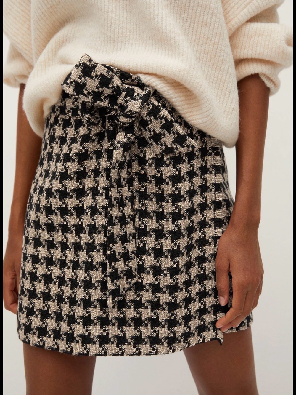 Mango Houndstooth Tie-Waist Mini Skirt - Black & Cream